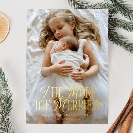 The More The Merrier Holiday Birth Announcement 箔招待状