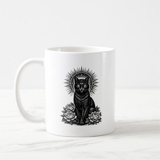 The Mystic Feline - Third Eye Cat Woodcut コーヒーマグカップ (左)