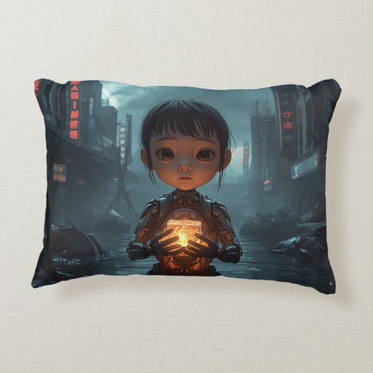 The Neon Refugee Girl: Sci Fi Cyberpunk Pillow アクセントクッション (裏面)