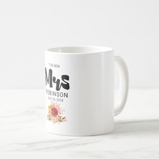 The New Mrs -フローラ水彩花束結婚の コーヒーマグカップ (正面右)
