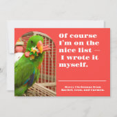 The Nice List Funny Parrot Christmas Photo Card シーズンカード (正面)