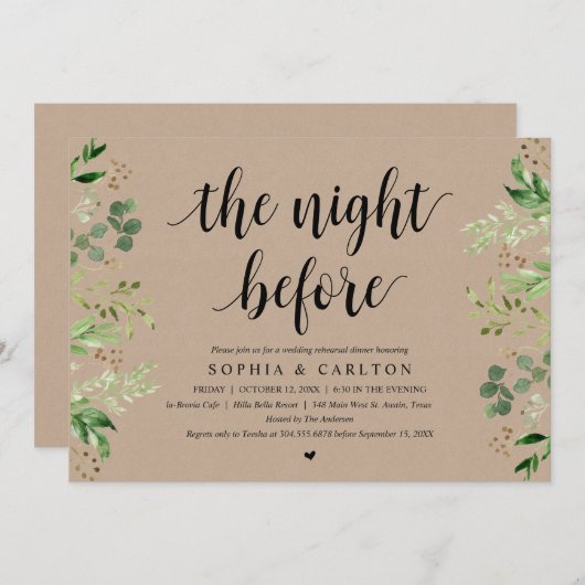 The Night Before, Greenery Kraft, Rehearsal Dinner 招待状 (正面/裏面)