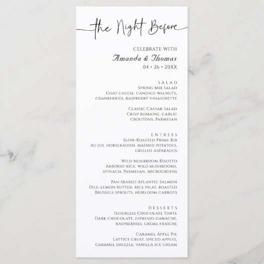 The Night Before Rehearsal Dinner Menu 4 x 9" メニュー (正面)