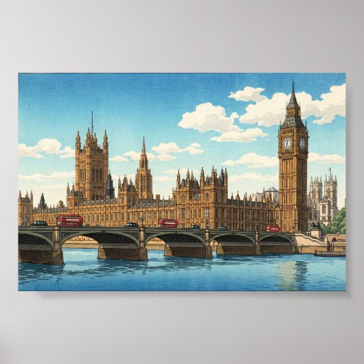The Palace of Westminster Japanese Woodblock Print ポスター (正面)