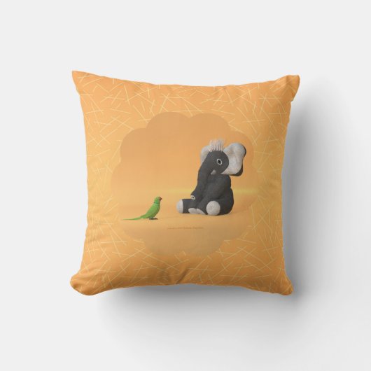 The parrot meets a stuffed elephant throw pillow クッション (正面)