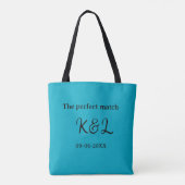 The perfect match couple name letter date blue sim トートバッグ (裏面)