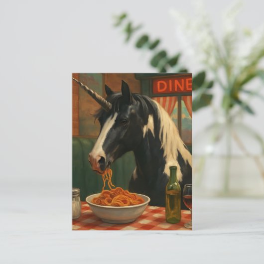 The pinto unicorn in a diner eating Spaghetti ポストカード (スタンド正面)