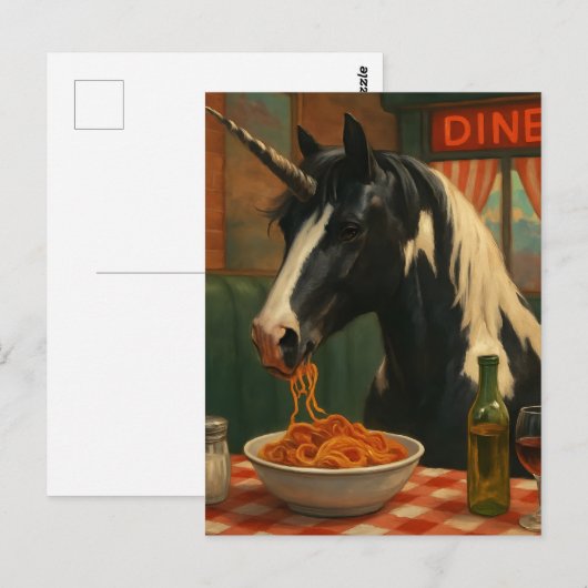 The pinto unicorn in a diner eating Spaghetti ポストカード (正面/裏面)