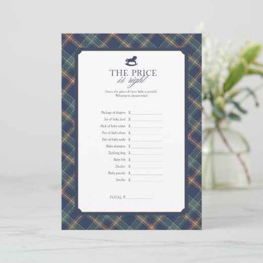 The Price Is Right Baby Shower Game Navy Plaid アドバイスカード (スタンド正面)