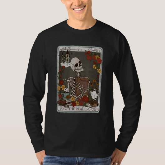 The Reader Tarot Card Bookish Skeleton Librarian B Tシャツ (正面)
