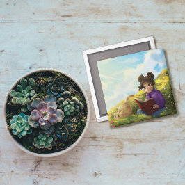 The Reading Girl and The Bored Cat Magnet マグネット