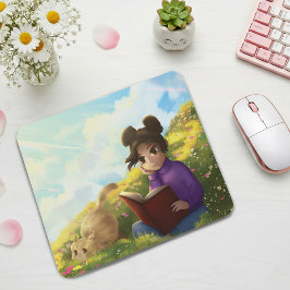 The Reading Girl and The Bored Cat Mouse Pad マウスパッド