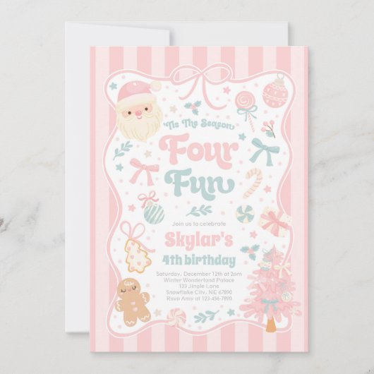 The Season Four Fun Christmas Bow 4th Birthday 招待状 (正面)
