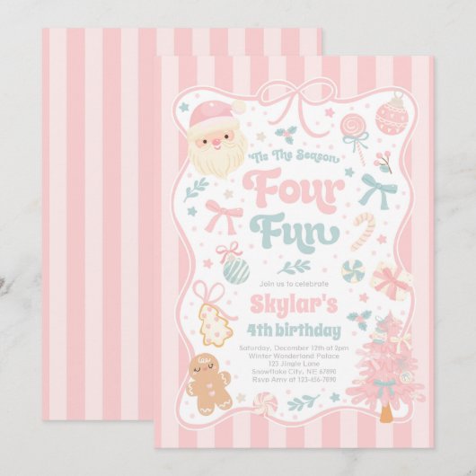 The Season Four Fun Christmas Bow 4th Birthday 招待状 (正面/裏面)