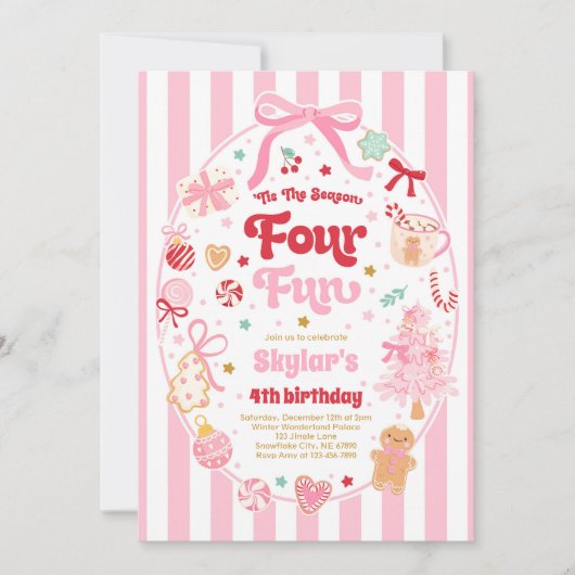 The Season Four Fun Christmas Bow 4th Birthday 招待状 (正面)