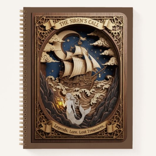 The Siren's Call Nautical Mermaid Wood Carved  ノートブック (正面)