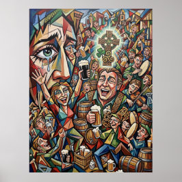 The Soul of Ireland: Cubist Pub & Celtic Cross Art ポスター