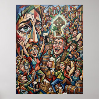 The Soul of Ireland: Cubist Pub & Celtic Cross Art ポスター