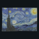 The Starry Night, oil painting, Vincent Van Gogh キッチンタオル<br><div class="desc">Vincent Van Gogh, June 1889 post impressionist modern art oil painting on canvas nighttime landscape painting of a swirly starry blue sky with a bright yellow crescent moon; the planet Venus is also visible. An exaggerated large cypress tree can be seen in the foreground. this painting depicts the view from...</div>
