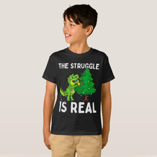 The Struggle Is Real Dinosaur & X-mas Tree Chr Tシャツ (正面フル)
