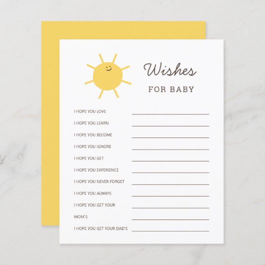 The Sun Baby Showers来 Wishesアドバイスカード (正面/裏面)