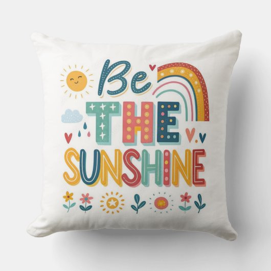 The Sunshine Typography Throw Pillow with Rainbow クッション (正面)