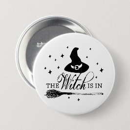 The Witch Is In | ハロウィンの魔女の帽子と箒 缶バッジ