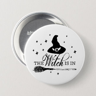 The Witch Is In | ハロウィンの魔女の帽子と箒 缶バッジ