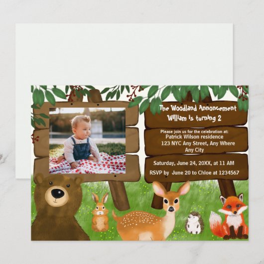 The Woodland Calling All Forest Animals Birthday  招待状 (正面/裏面)