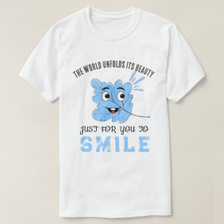 "The World Unfolds Its Beauty" Blue Smiling Leaf Tシャツ
