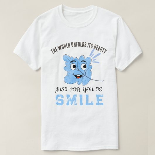 "The World Unfolds Its Beauty" Blue Smiling Leaf Tシャツ (デザイン正面)