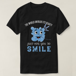 "The World Unfolds Its Beauty" Blue Smiling Leaf  Tシャツ
