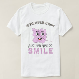 "The World Unfolds Its Beauty" Purple Smiling Leaf Tシャツ