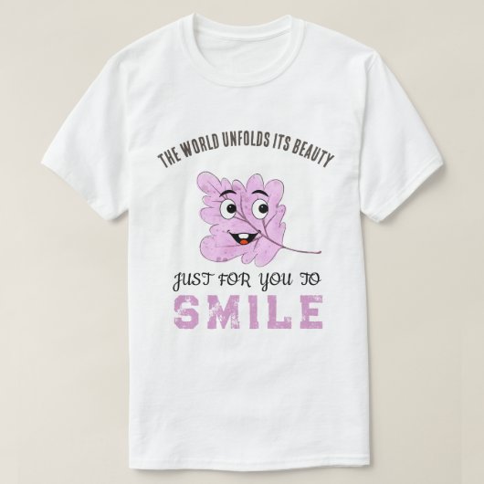 "The World Unfolds Its Beauty" Purple Smiling Leaf Tシャツ (デザイン正面)