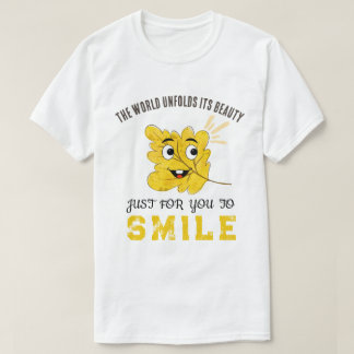 "The World Unfolds Its Beauty" Yellow Smiling Leaf Tシャツ