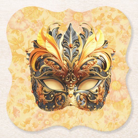 The Yellow Feather Mask on Floral Pattern ペーパーコースター (正面)