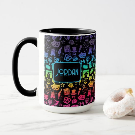 Theatre Lover Rainbow Icons on Black Mug マグカップ (ドーナツ付き)