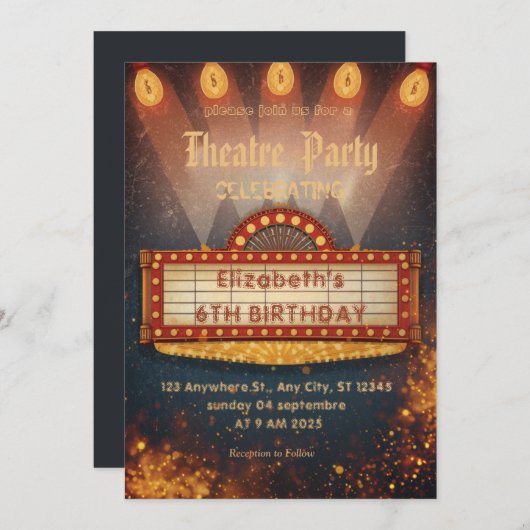 Theatre Marquee Party Invitation – Birthday invite 招待状 (正面/裏面)