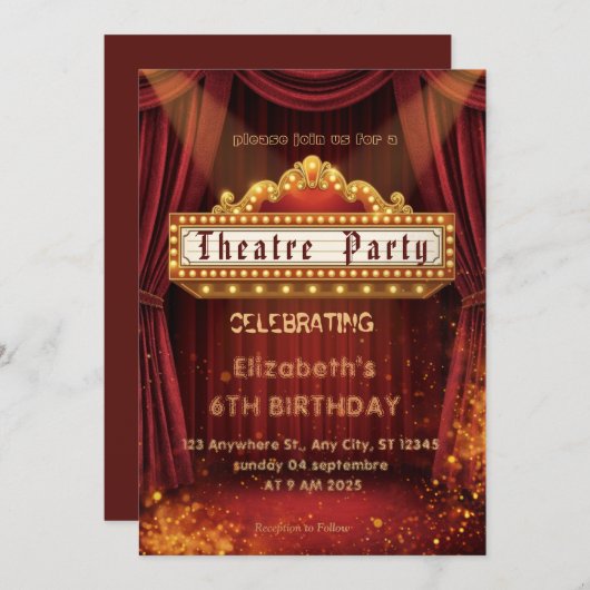 Theatre Marquee Party Invitation – Birthday invite 招待状 (正面/裏面)