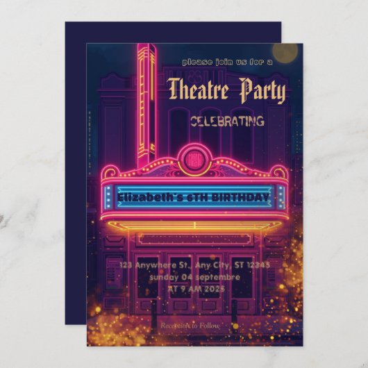 Theatre Marquee Party Invitation – Birthday invite 招待状 (正面/裏面)