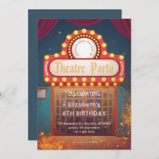 Theatre Marquee Party Invitation – Birthday invite 招待状 (正面/裏面)