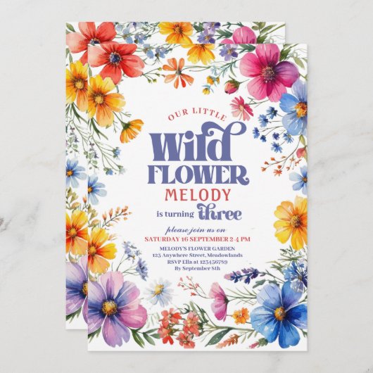 Thee year old Wildflower 3rd birthday Invitation 招待状 (正面/裏面)