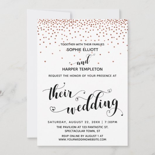 Their Wedding Hearts Script Faux-Copper Confetti 招待状 (正面)