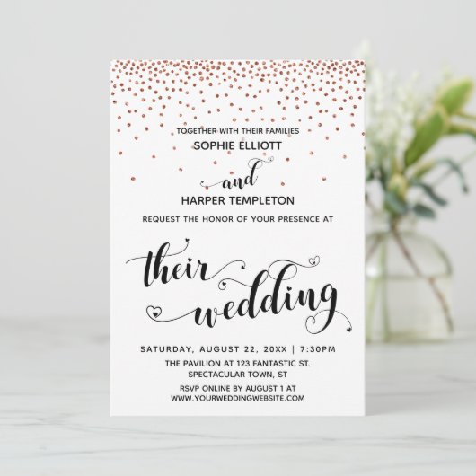 Their Wedding Hearts Script Faux-Copper Confetti 招待状 (スタンド正面)