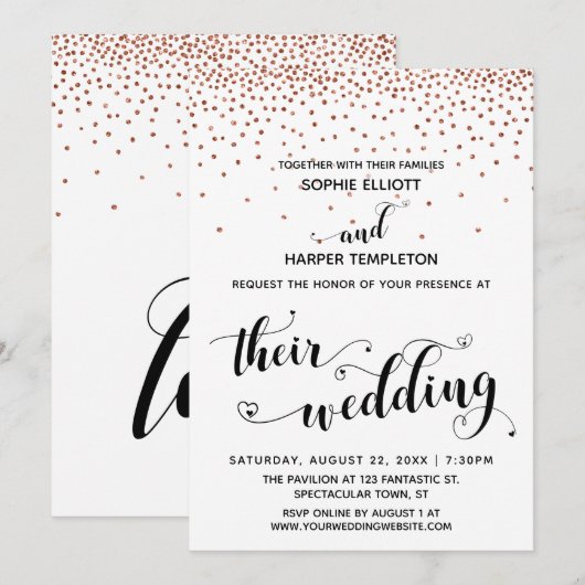 Their Wedding Hearts Script Faux-Copper Confetti 招待状 (正面/裏面)