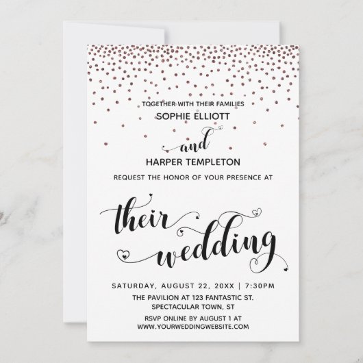 Their Wedding Hearts Script Rose Gold Confetti 招待状 (正面)