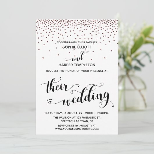 Their Wedding Hearts Script Rose Gold Confetti 招待状 (スタンド正面)