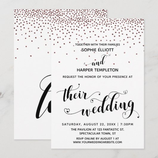 Their Wedding Hearts Script Rose Gold Confetti 招待状 (正面/裏面)