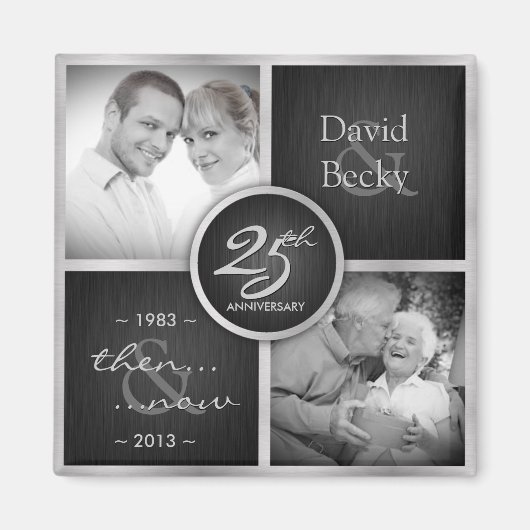 Then & Now エレガント Black and Silver 25結婚's マグネット (正面)