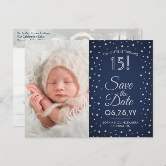 Then & Now Photosキンセニェラ日付を青で保存 インビテーションポストカード (正面/裏面)